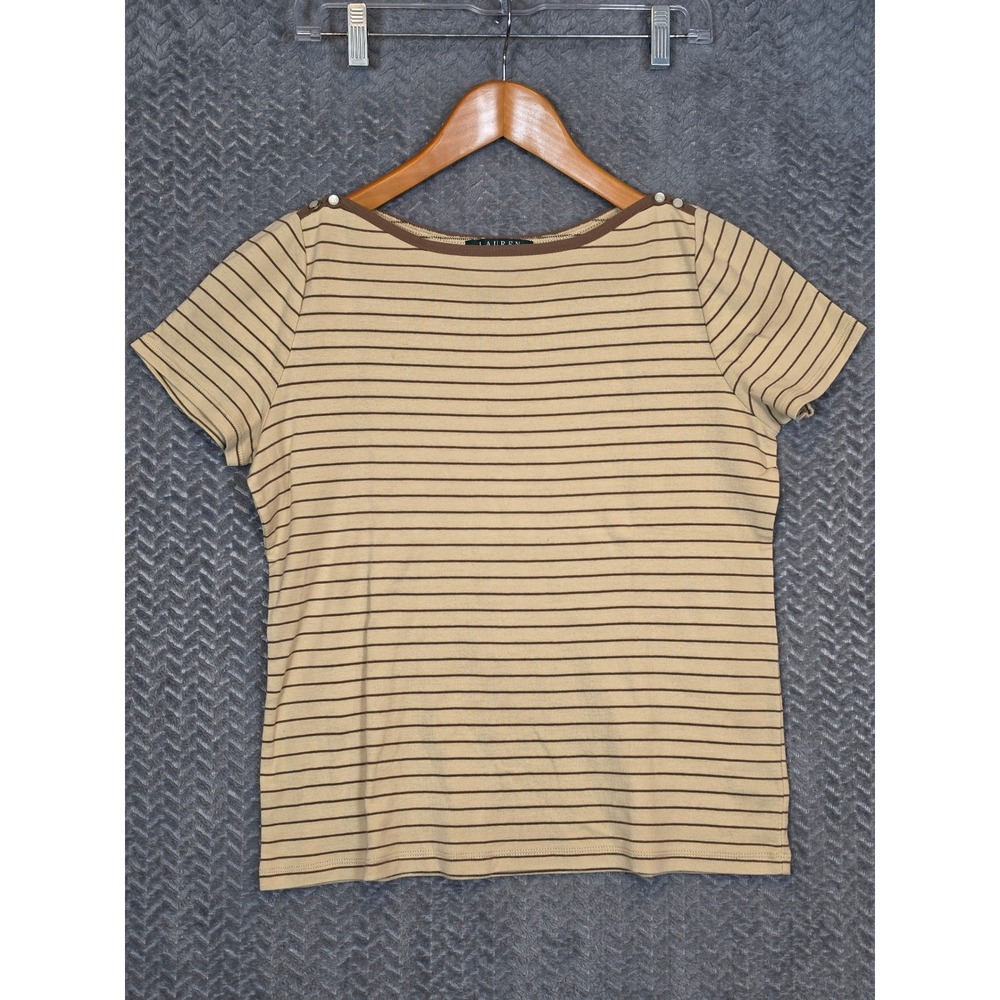 Lauren Ralph Lauren Womens Large Tan Brown Striped Boat Neck Cotton Tee Top